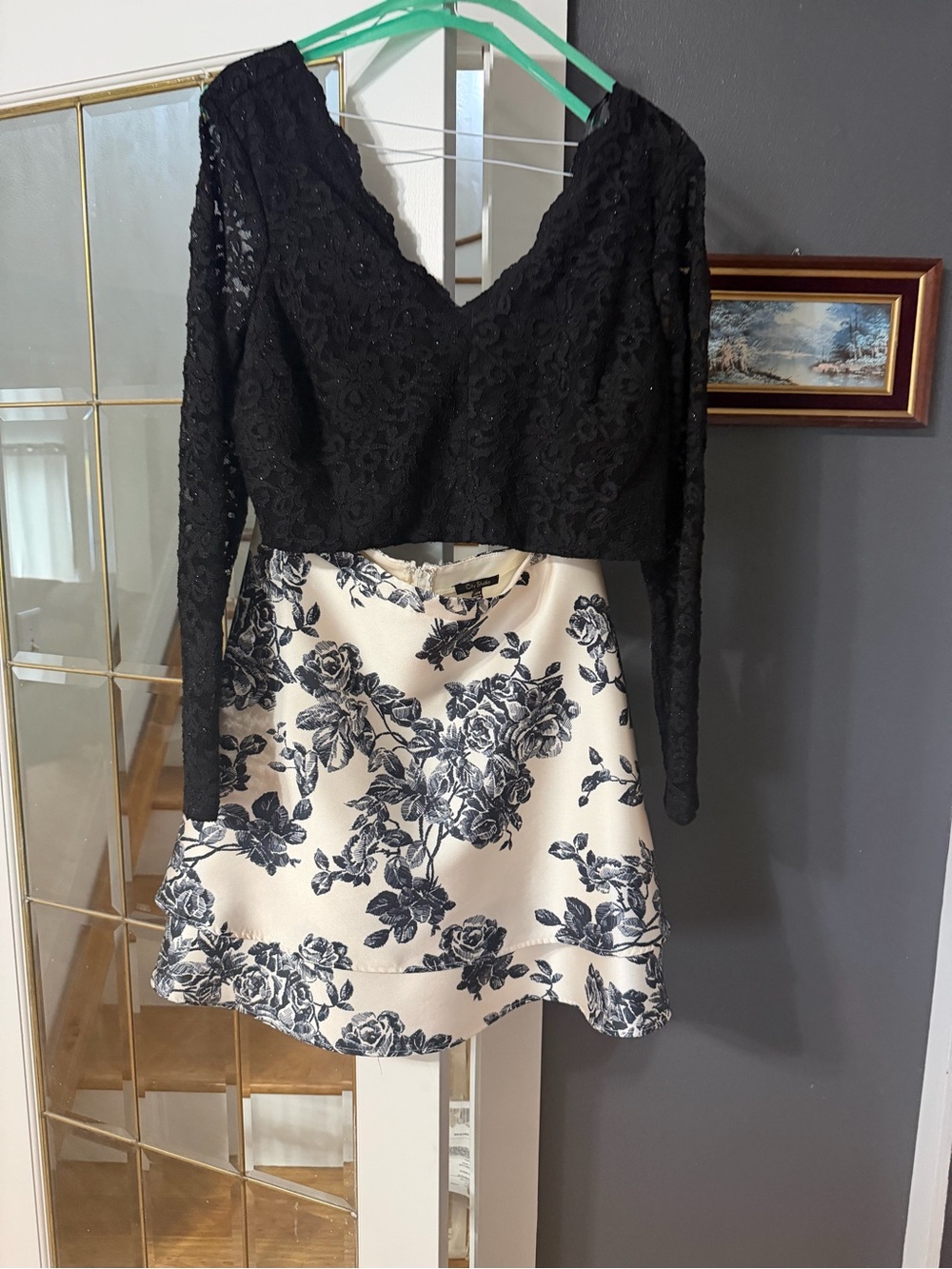 City Studio Black Lace Crop Top with White & Black Floral Skirt
